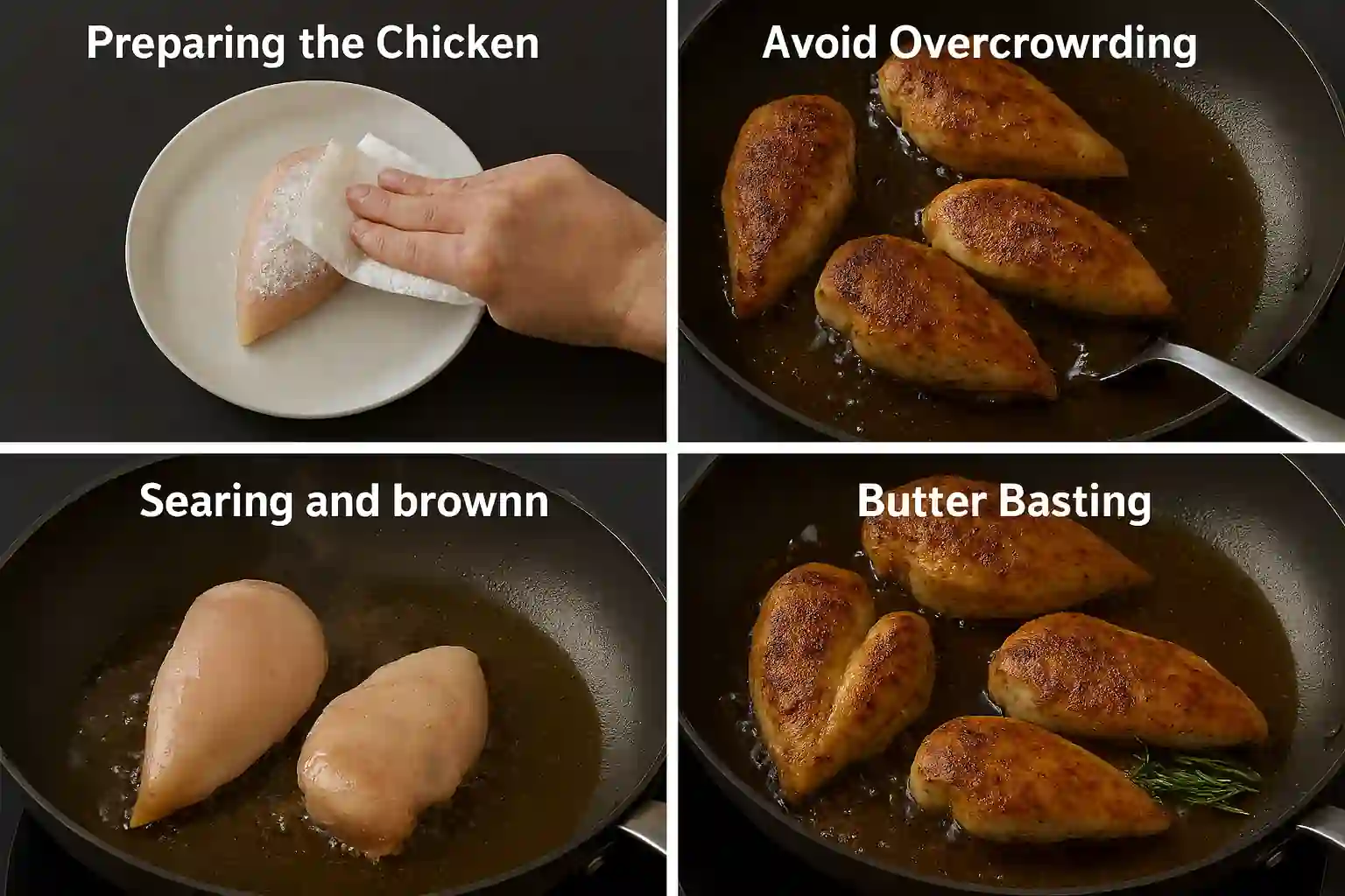 Four-panel image showing chicken preparation, avoiding overcrowding, searing, and butter basting in a frying pan