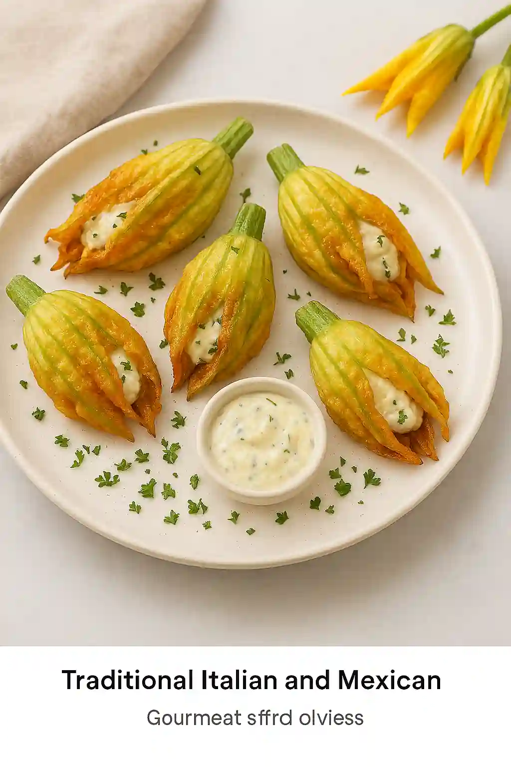 Stuffed squash blossoms inspired by Italian, Mexican, and Greek traditions, plated with herbs and cheese in bright natural kitchen lighting.
