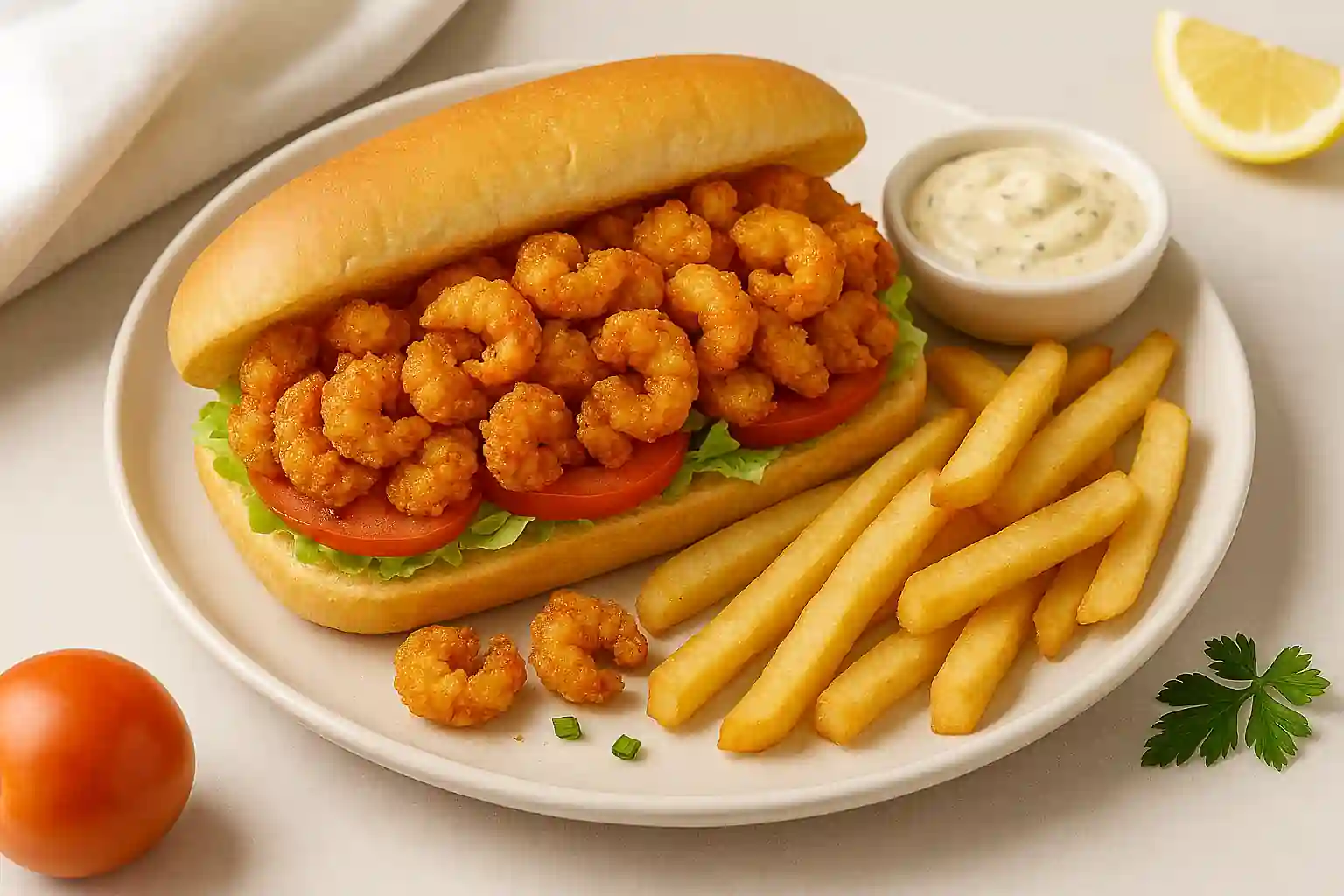 A crawfish po'boy sandwich with crispy fried crawfish tails, lettuce, tomato, and tartar sauce, served with fries on a white plate in bright natural kitchen lighting.