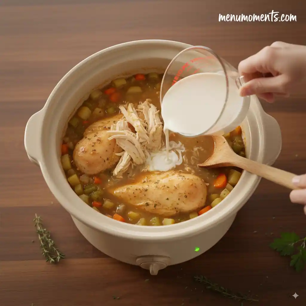 A hand pouring cream into a crockpot with shredded chicken and cooked vegetables, being stirred with a wooden spoon. Branding: menumoments.com.