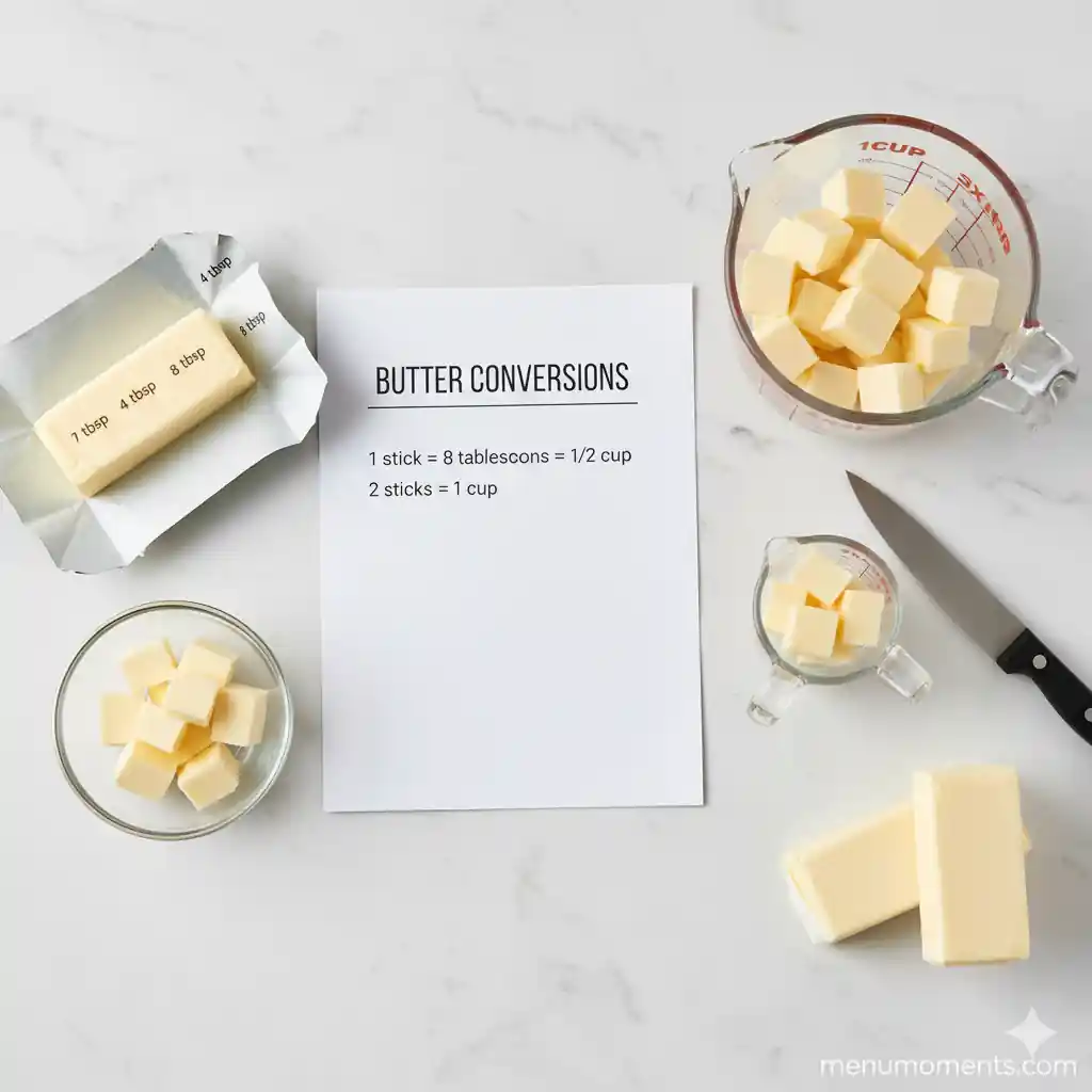 Butter conversion notes showing 1 stick = 8 tbsp = ½ cup, alongside a stick of butter with markings and butter in measuring cups.