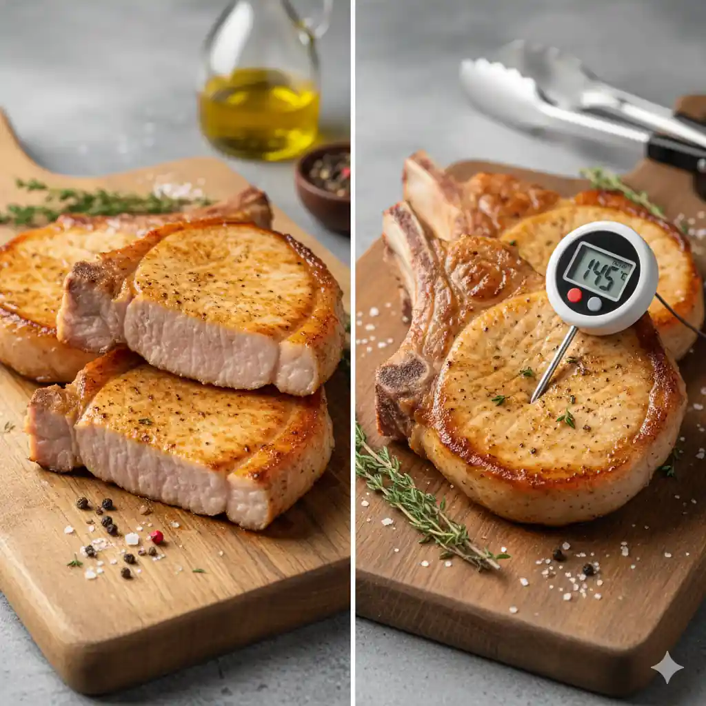 Side-by-side comparison of thick, seasoned boneless pork chops and bone-in pork chops on a cutting board, illustrating the difference in cuts.