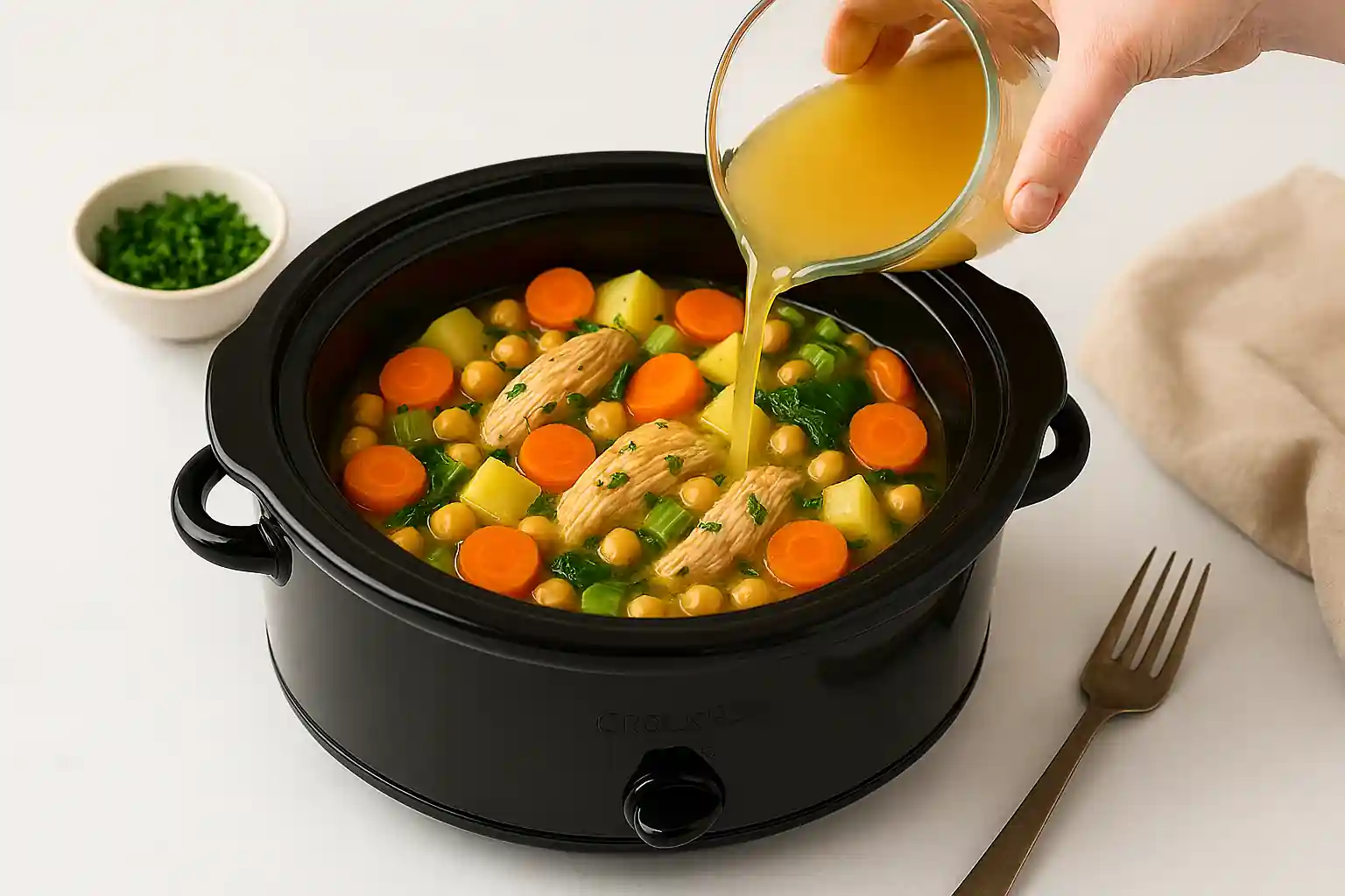 Pouring broth into a crock pot filled with gluten-free chicken, carrots, potatoes, and herbs on a clean marble countertop