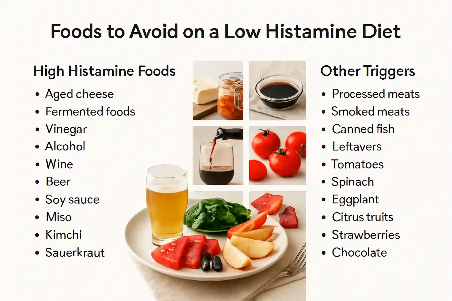A realistic, high-quality photo of a plate featuring high histamine foods including aged cheese, smoked meat, sliced tomatoes, and a glass of red wine, plated on a white ceramic dish in natural kitchen lighting with a minimal background.
