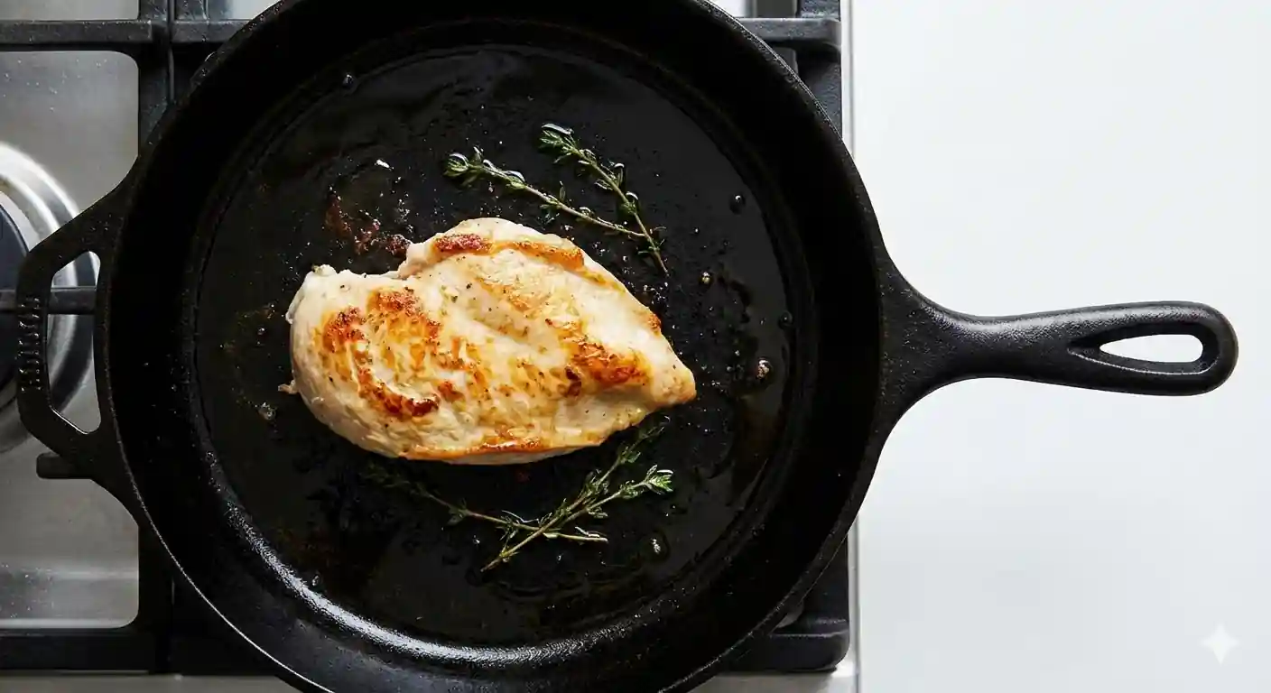 chicken breast with a golden-brown crust is searing in a well-seasoned, black cast iron skillet on a stovetop.
