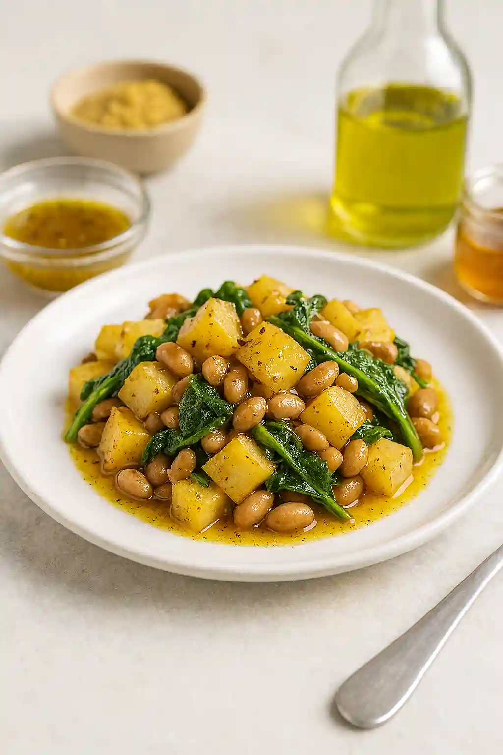 A beautifully plated vegan casserole drizzled with crab apple jelly vinaigrette, surrounded by small bowls of mustard, vinegar, agave syrup, balsamic, and olive oil, captured in bright natural kitchen lighting with a minimal modern background.