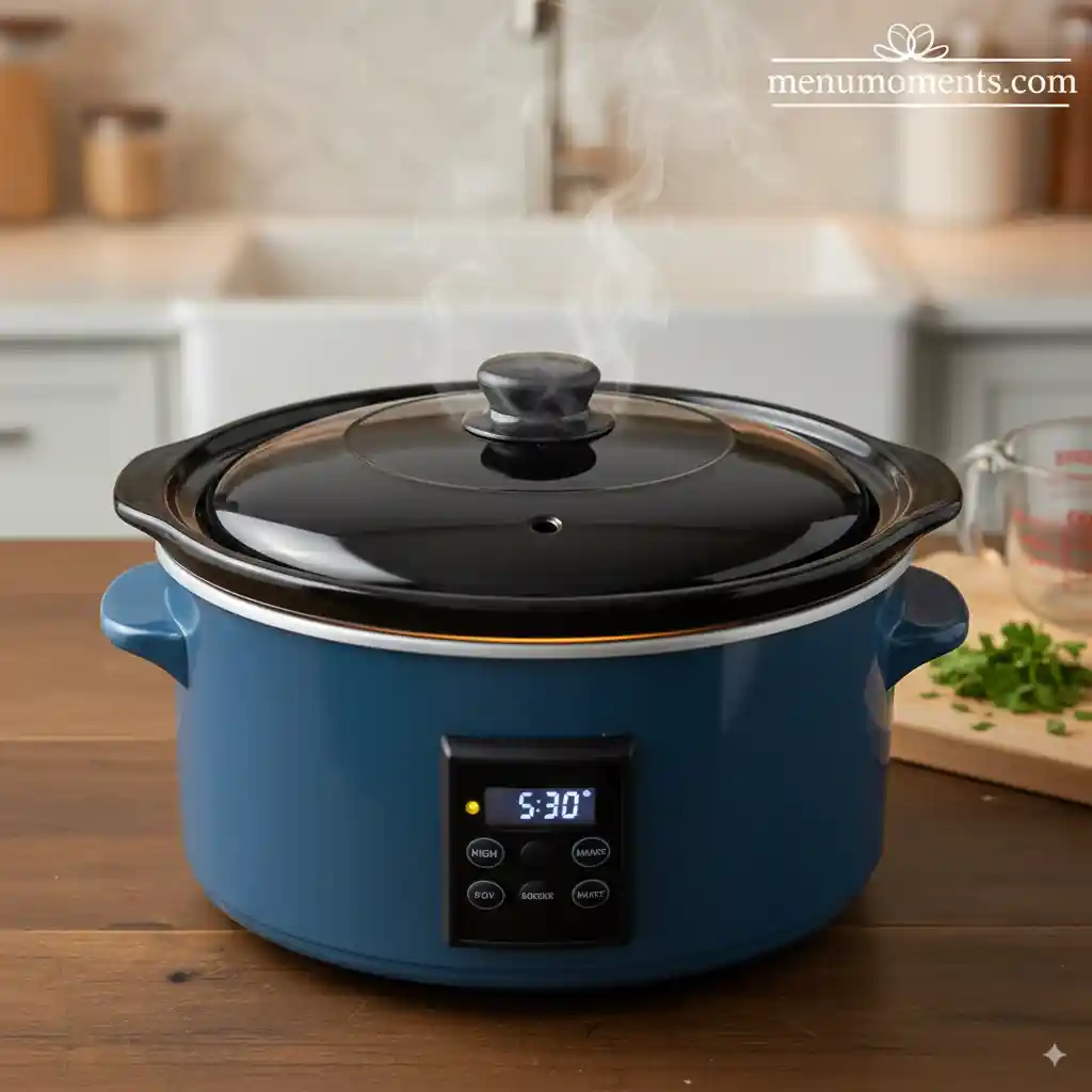 A blue digital crockpot with a black lid steaming gently, displaying "5:30" on its timer, indicating it's cooking on a wooden kitchen counter.