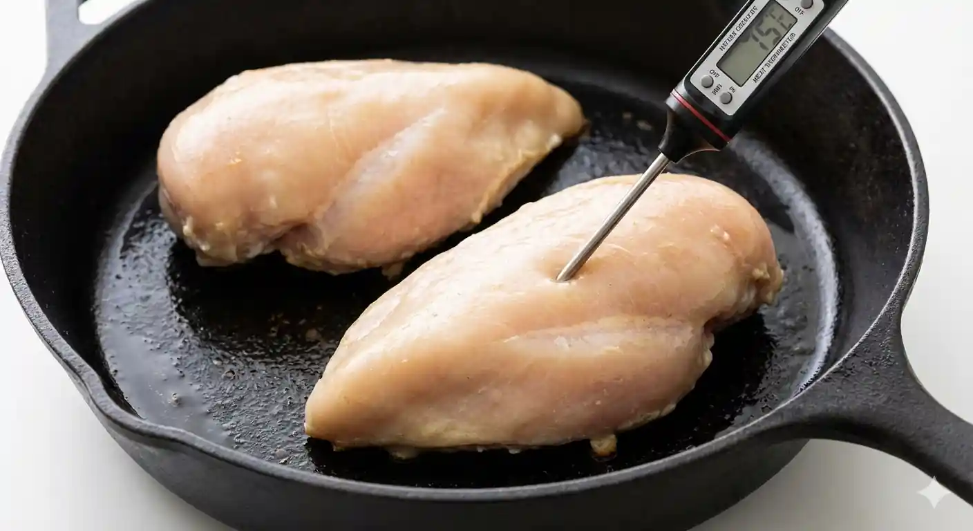 Two boneless chicken breasts in a cast iron skillet with a meat thermometer inserted in one. Title: Temperature-Controlled Chicken Breasts