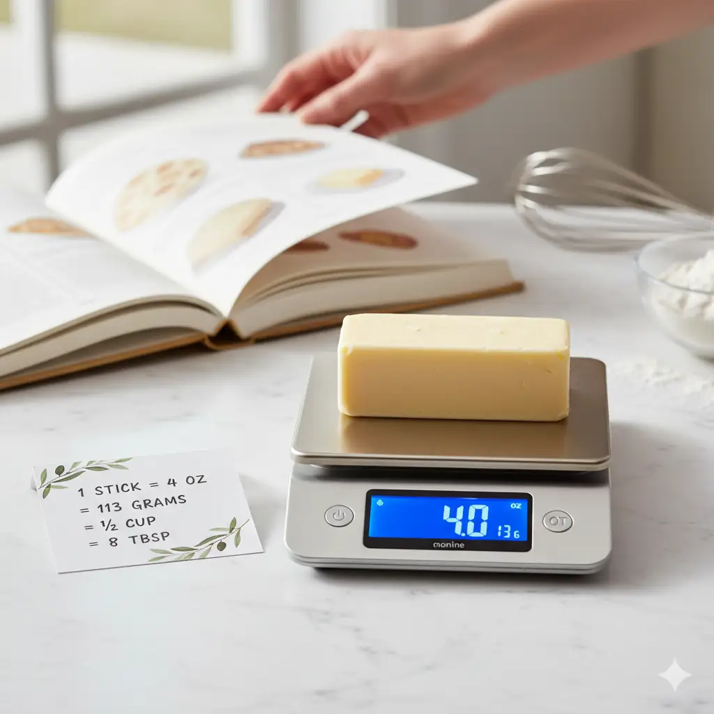 A single stick of butter on a food scale displaying 4.0 oz, with a handwritten conversion card and an open cookbook in the background.