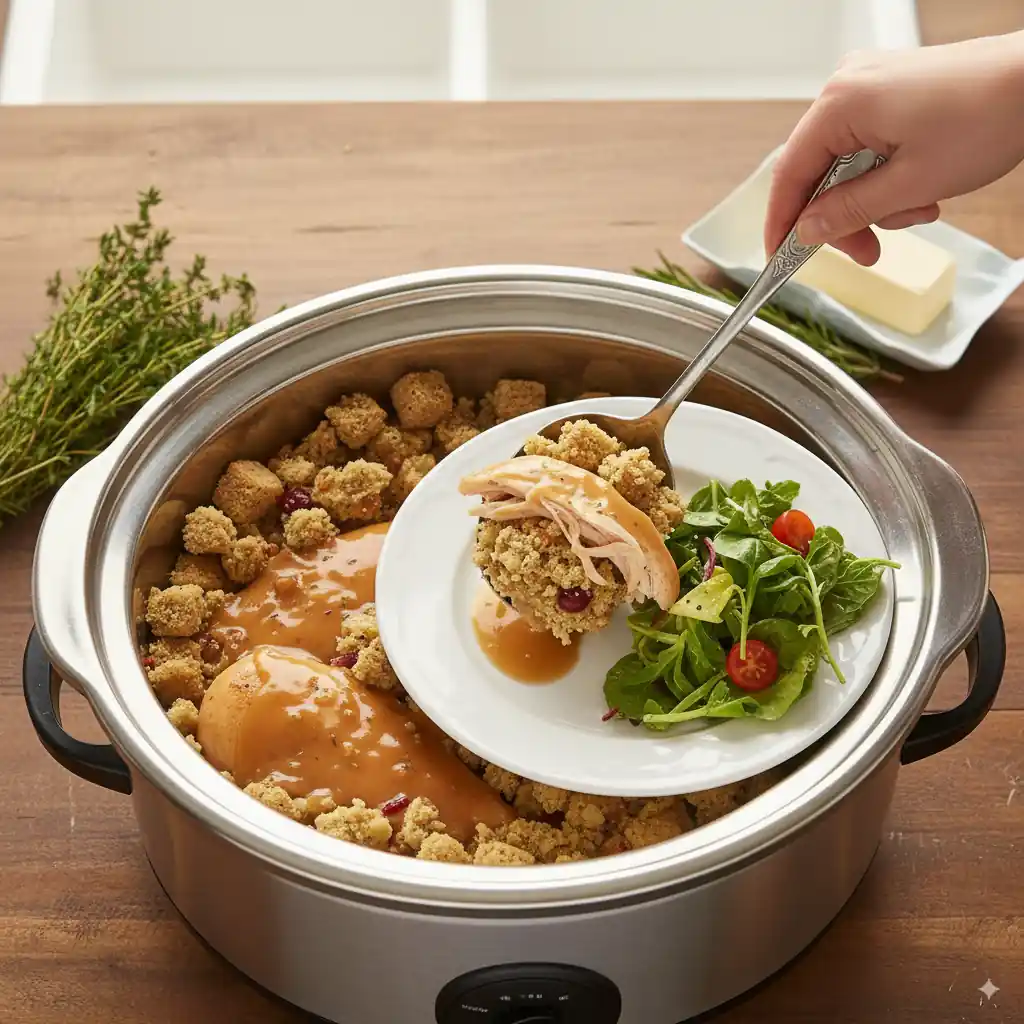 Serving turkey breast with gravy and cranberry stuffing from a slow cooker onto a plate with fresh spinach salad