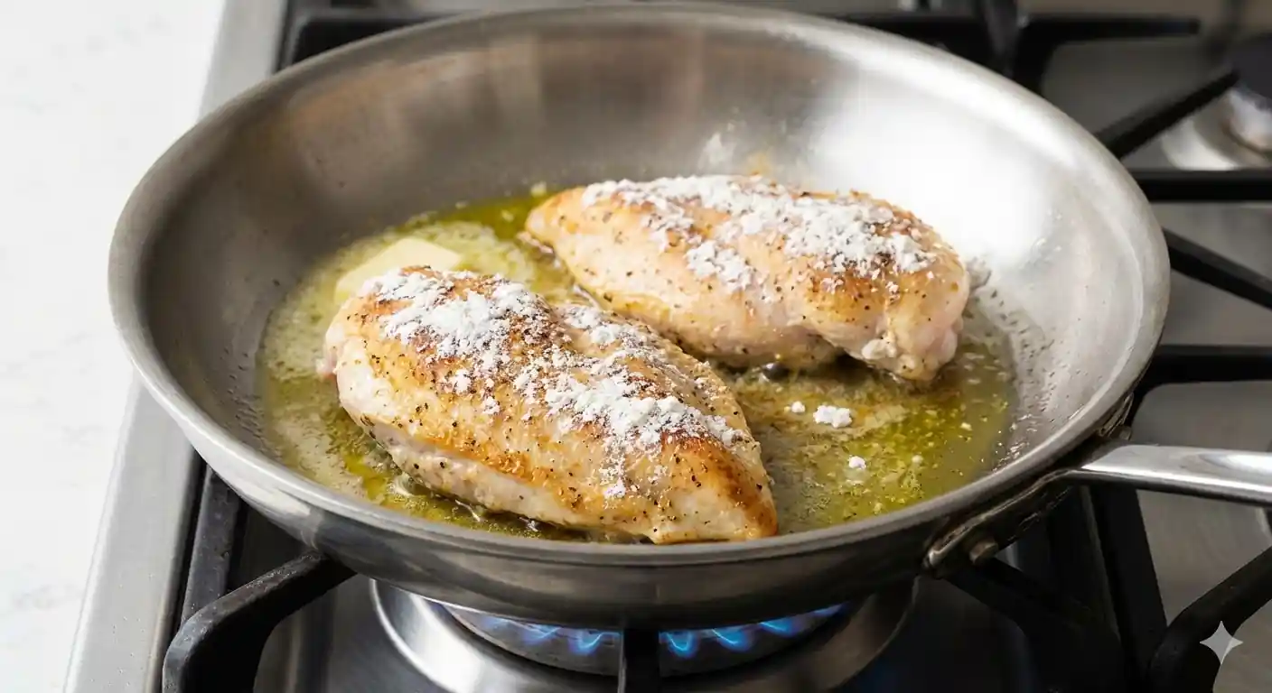 Two seasoned chicken breasts, lightly dusted in flour, searing in a stainless steel pan with melted butter and oil.