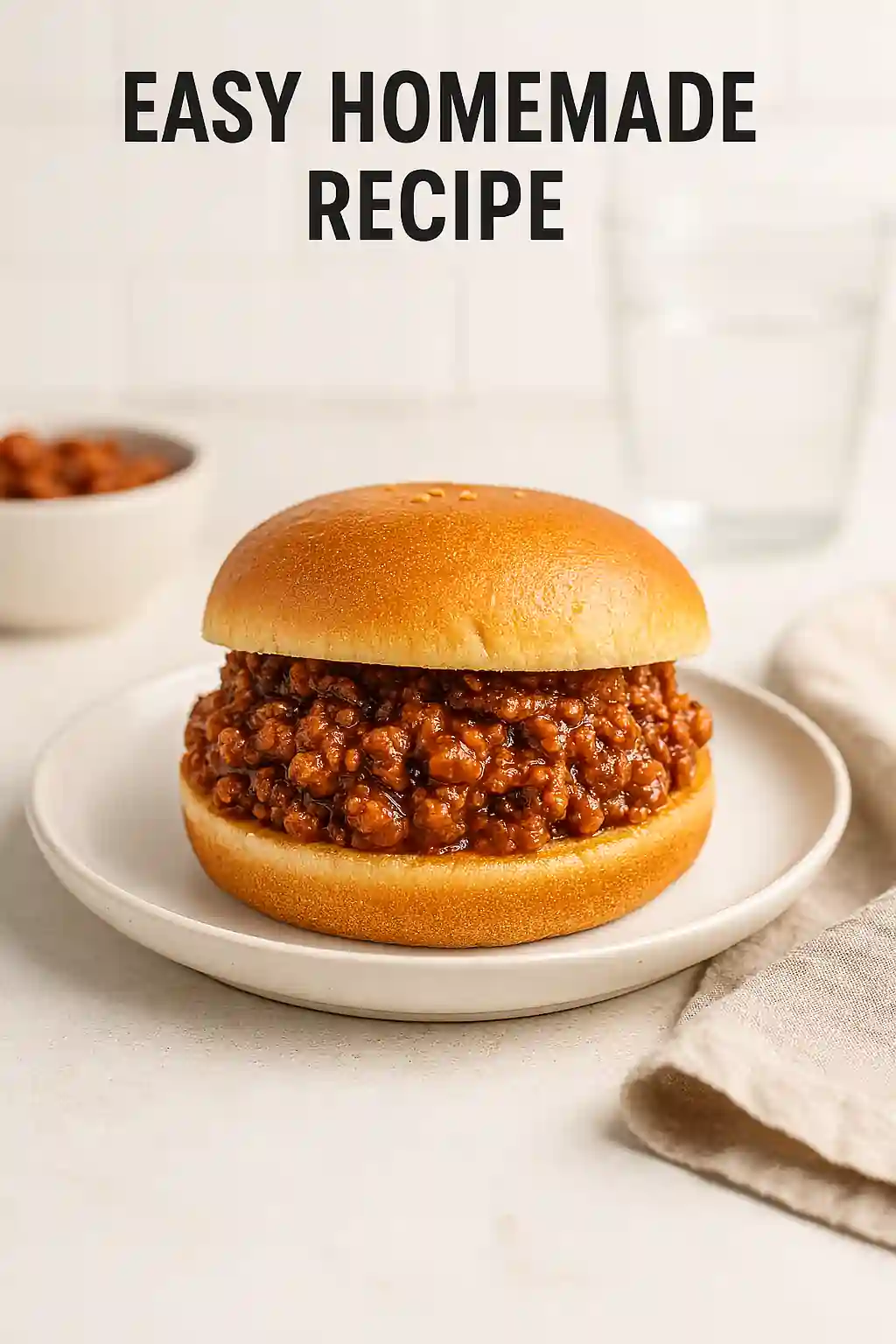 A beautifully easy sloppy joe recipe 3 ingredients sandwich made with three simple ingredients, served on a white plate in bright natural kitchen lighting with a minimal modern background.