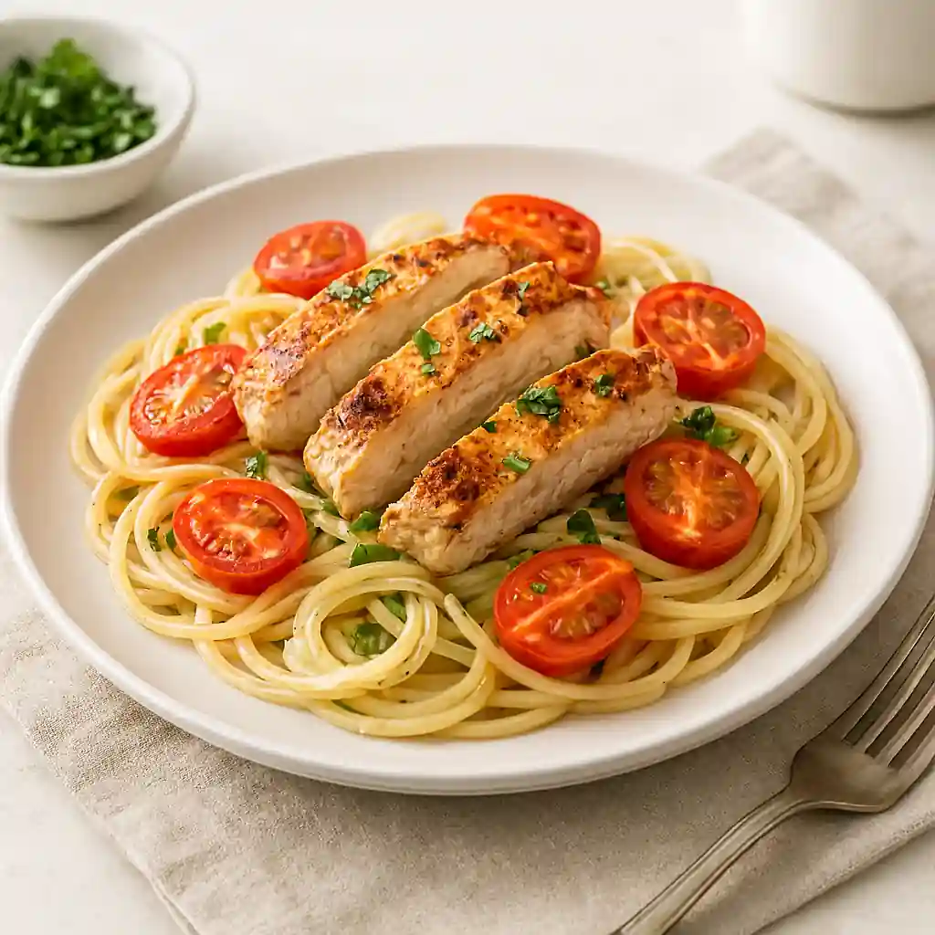 A bright, high-quality photo of a homemade low histamine recipes zucchini noodle dish, garnished with fresh parsley, plated on a white ceramic plate in natural kitchen lighting with a minimal background.