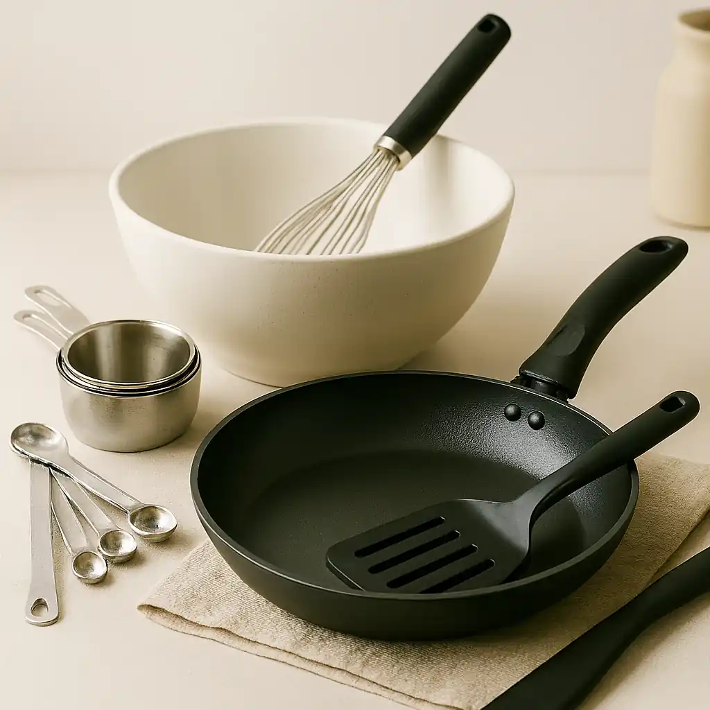 Essential kitchen tools for making pancakes—mixing bowl, whisk, measuring cups and spoons, non-stick pan, spatula, and ladle—arranged on a clean countertop in natural kitchen lighting.