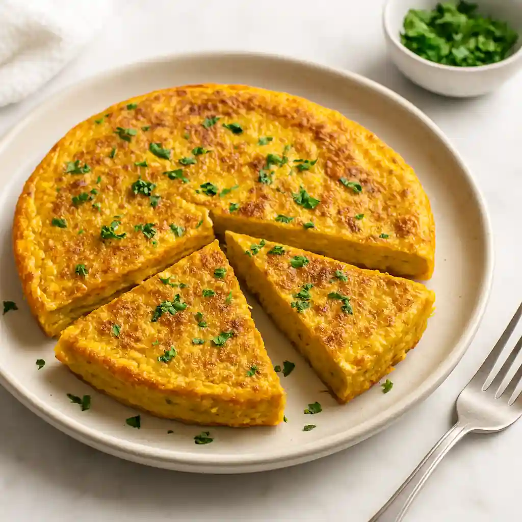 Golden chickpea flour frittata wedges garnished with fresh herbs, plated on a ceramic dish in bright natural kitchen lighting.