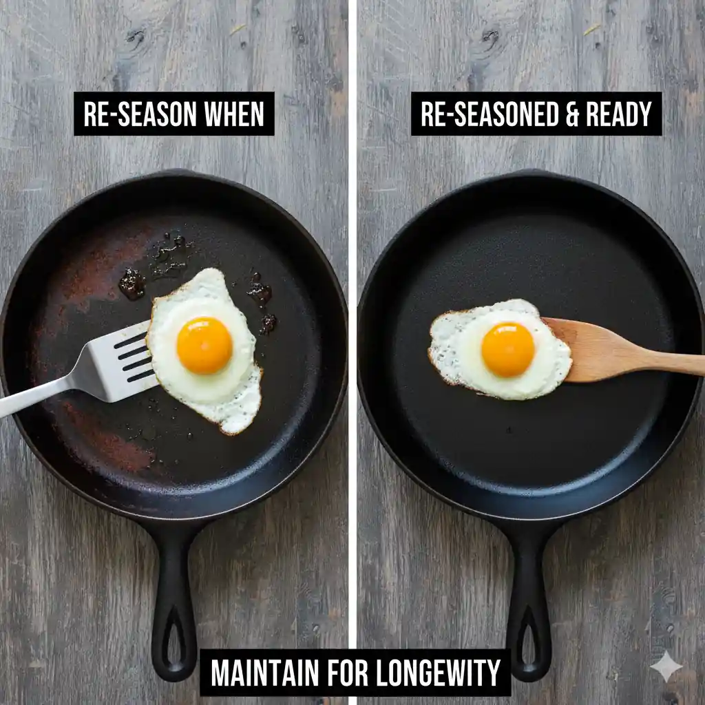 A split image showing a rusty, sticky cast iron pan with a fried egg on a metal spatula, contrasted with a perfectly re-seasoned non-stick pan with a fried egg on a wooden spatula.