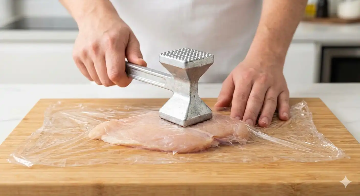A close-up of a person's hands using a metal meat mallet to pound a chicken breast covered in plastic wrap on a wooden cutting board.
