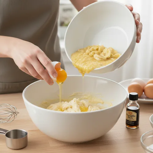 Pouring mashed bananas and cracking an egg into a mixing bowl with batter on a wooden kitchen countertop