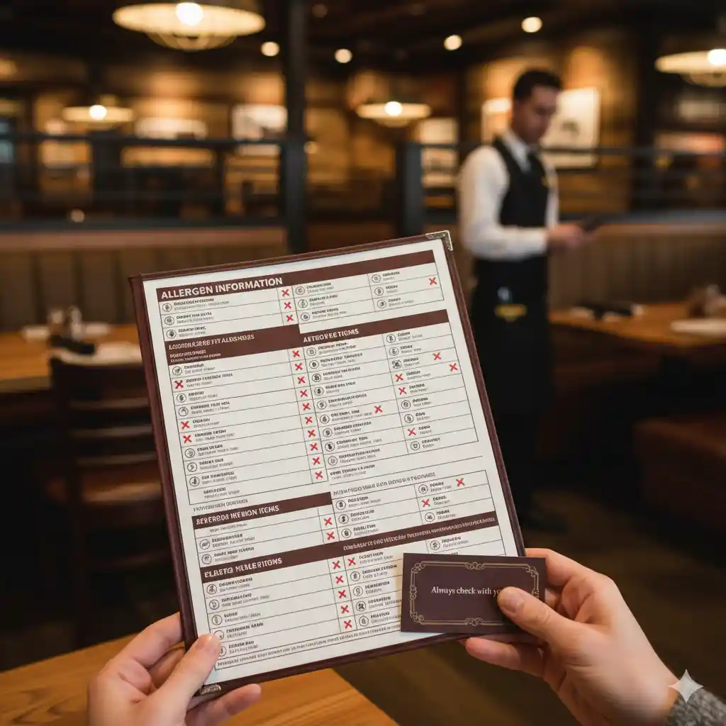 Hands holding a menu with an "Allergen Information" section, with a blurred waiter in the background.