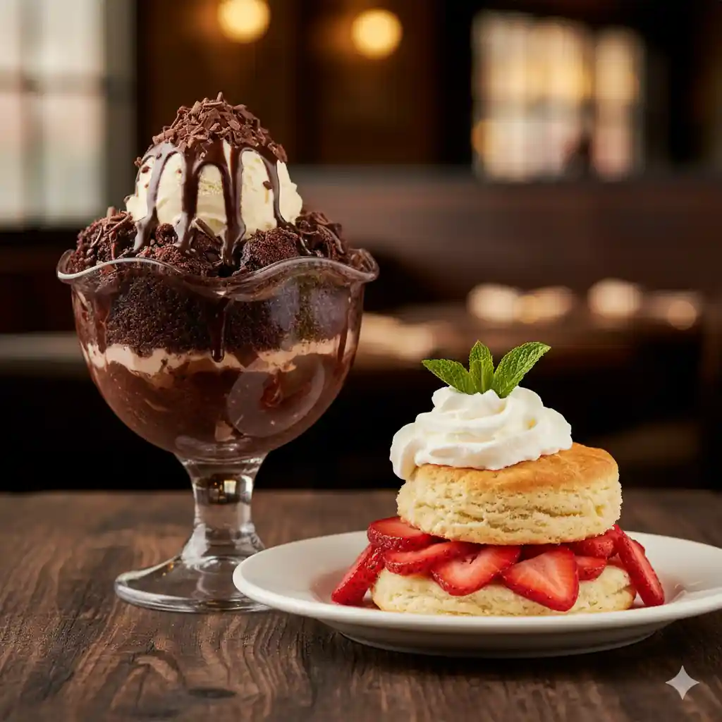 Decadent Chocolate Stampede dessert with ice cream and a fresh Strawberry Shortcake with whipped cream.