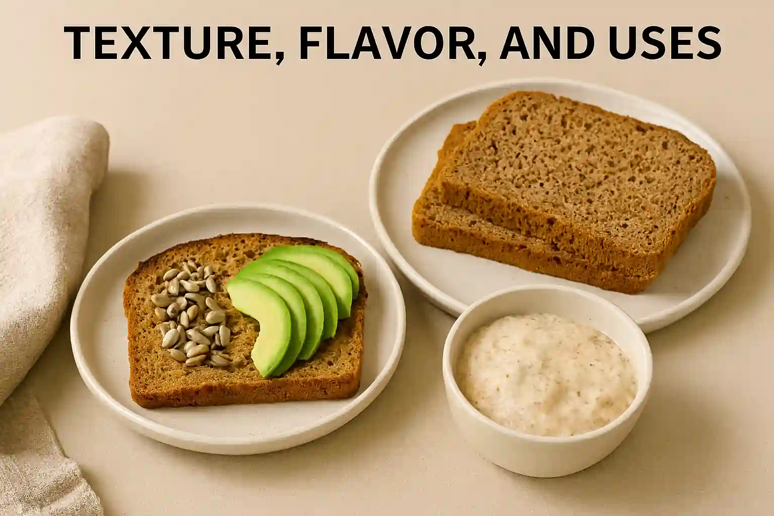 Sliced Ezekiel bread with toasted avocado topping and stacked slices on ceramic plates