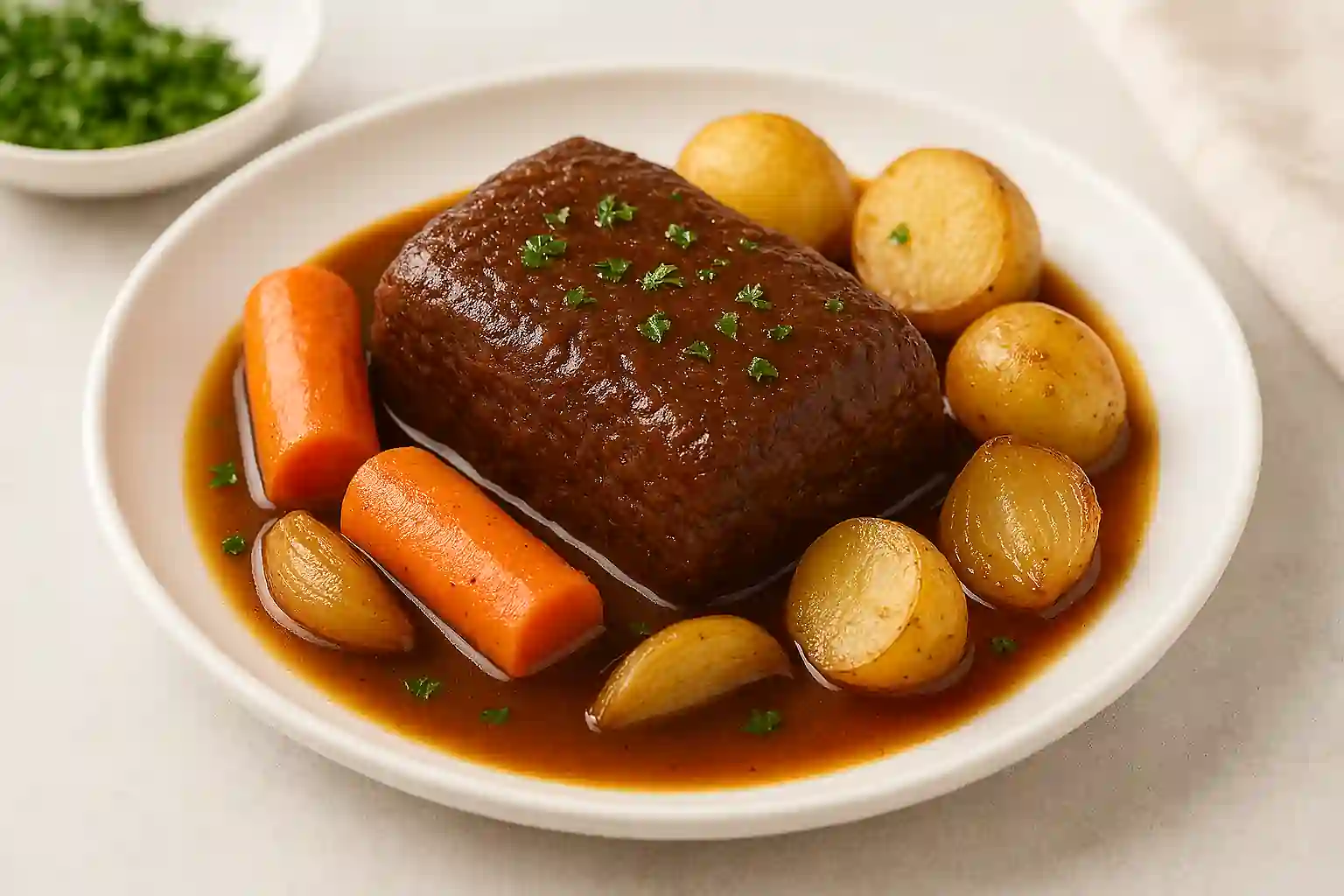 Single-serving braised mock chuck recipe roast plated with carrots, potatoes, and onions in rich brown sauce
