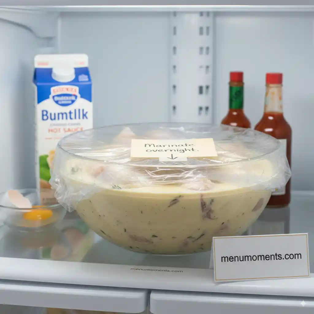 A glass bowl filled with chicken pieces marinating in a creamy buttermilk mixture, covered with plastic wrap and a "Marinate overnight" sticky note, inside a refrigerator. A carton of buttermilk and hot sauce bottles are visible in the background, branded menumoments.com.