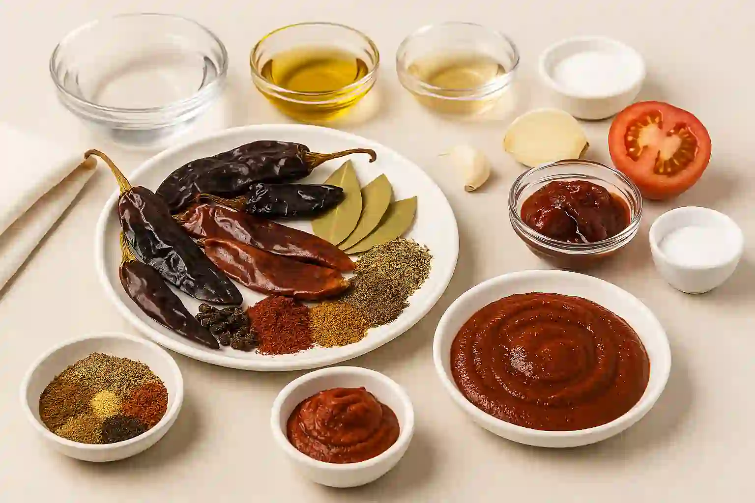 Ingredients for authentic Mexican adobo sauce including dried chiles, garlic, spices, vinegar, and tomato paste