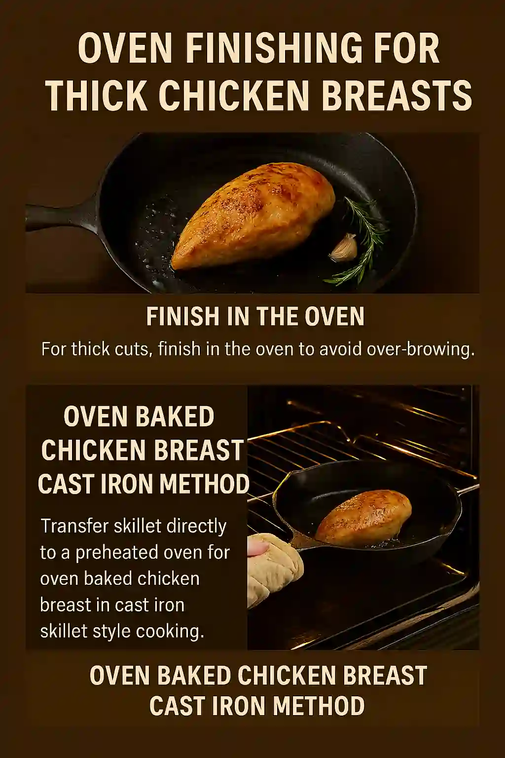Cast iron skillet with partially seared chicken breast being placed into an open oven