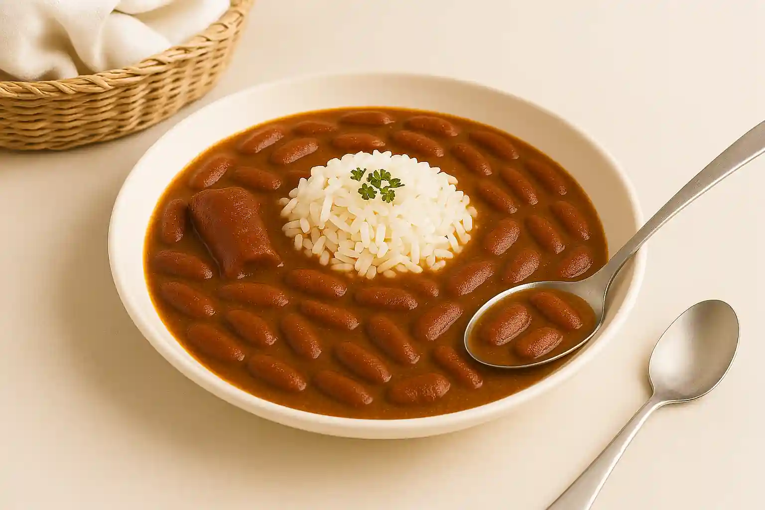 Bowl of red beans and rice with ham bone, honoring Louisiana Monday tradition