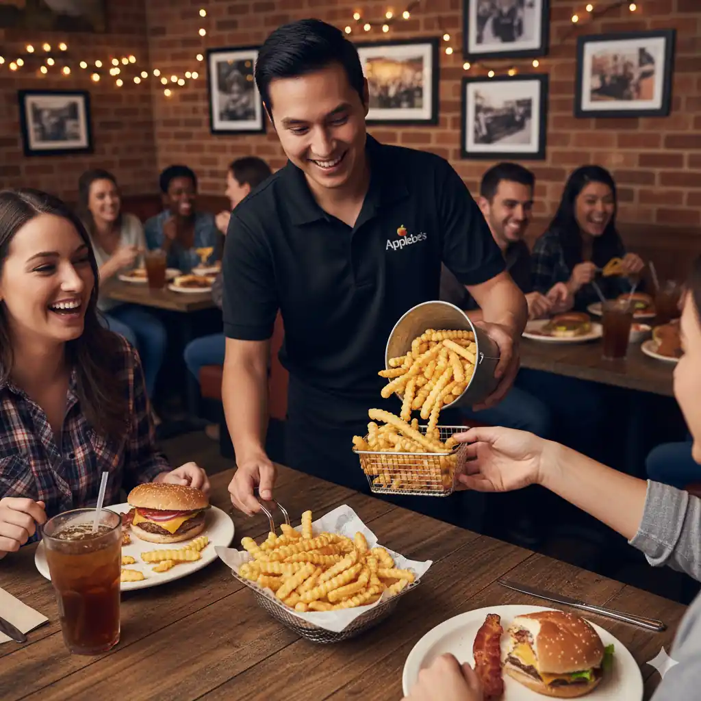 An Applebee's server happily refilling a diner's basket with endless fries, highlighting the all-you-can-eat perk, while other diners enjoy their meals.