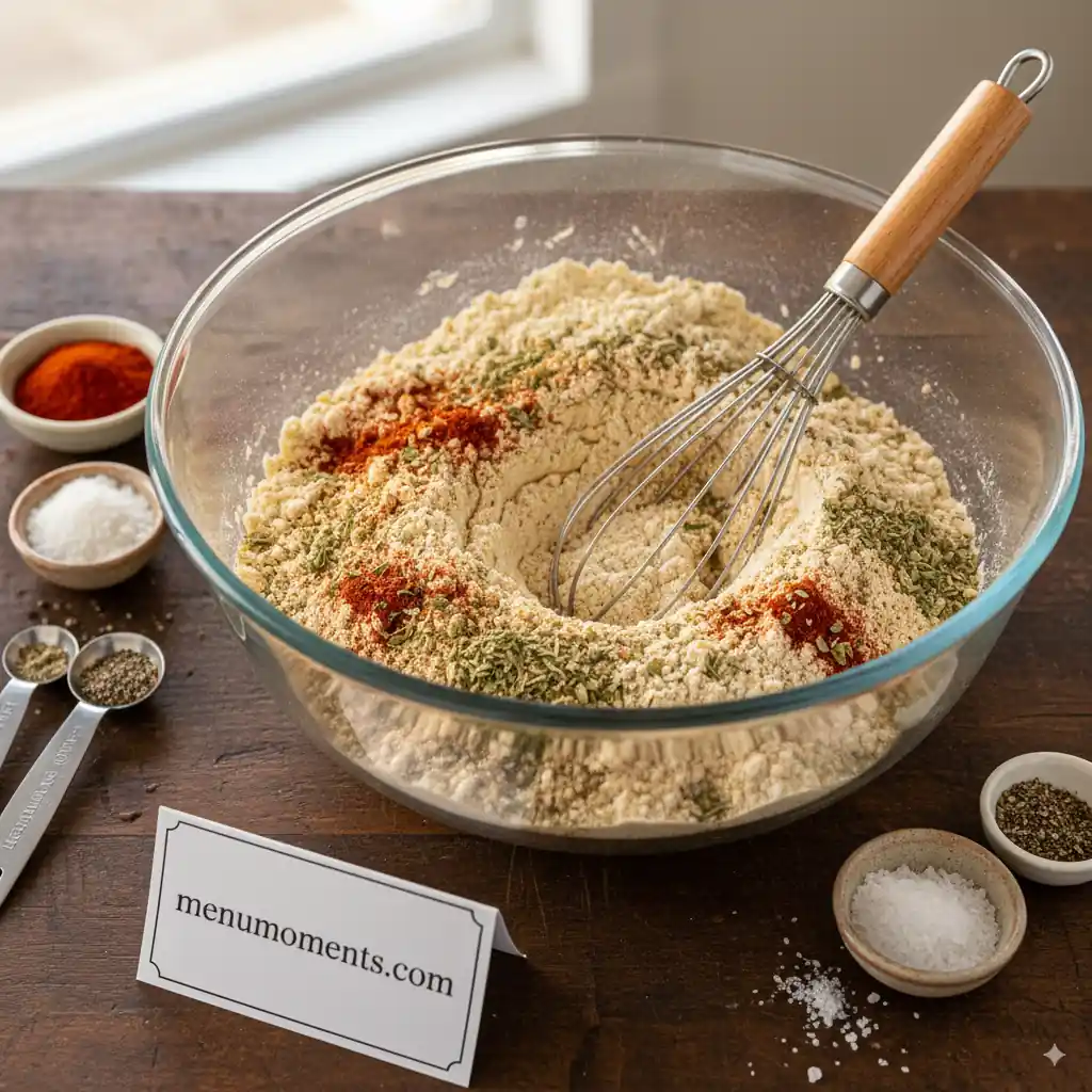 A large glass bowl containing all-purpose flour and various spices like paprika, oregano, and salt, with a whisk resting inside. Small bowls of individual spices and measuring spoons are arranged around it on a wooden surface, branded menumoments.com.