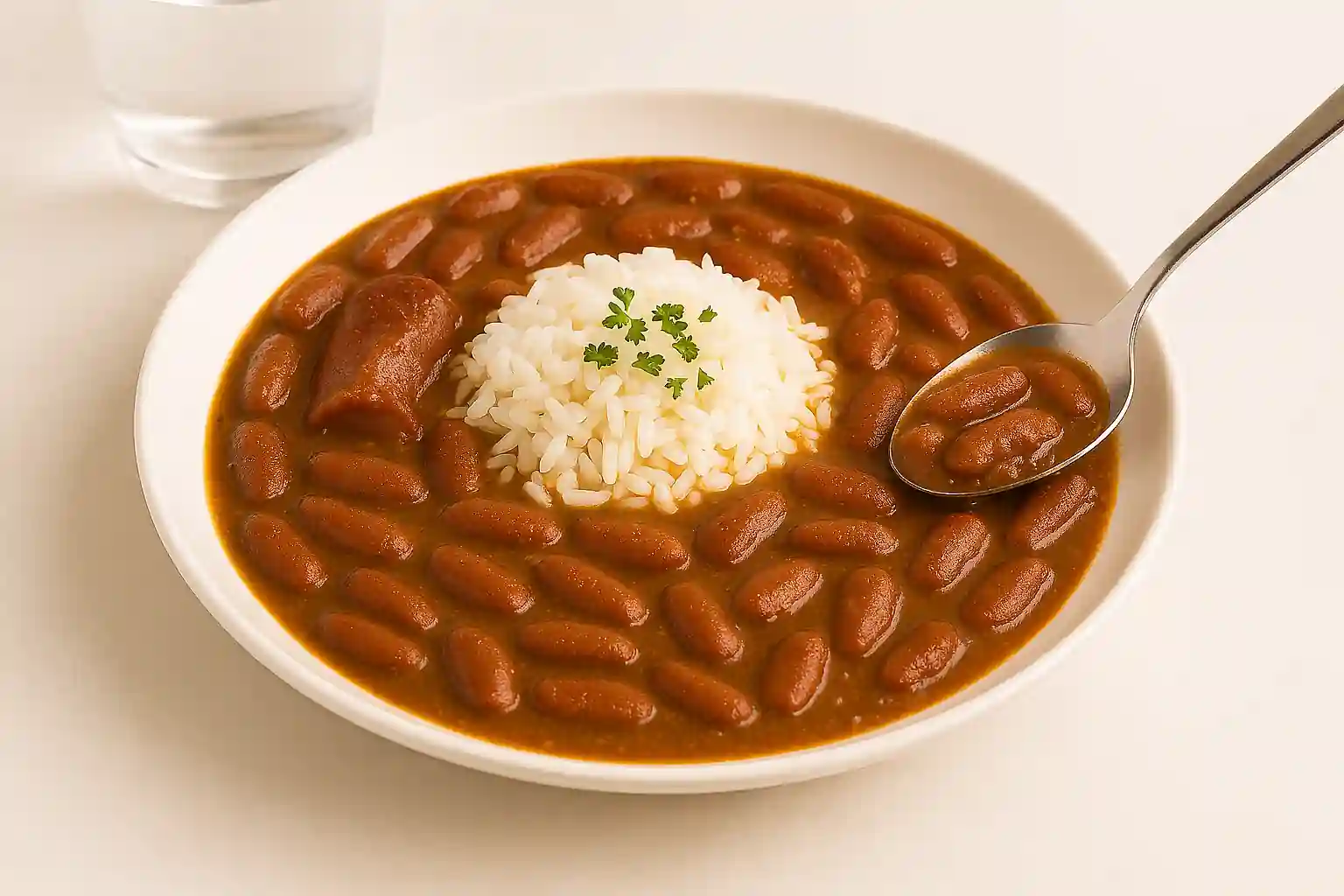 Southern-style red beans and rice served in a white bowl with spoon and water glass