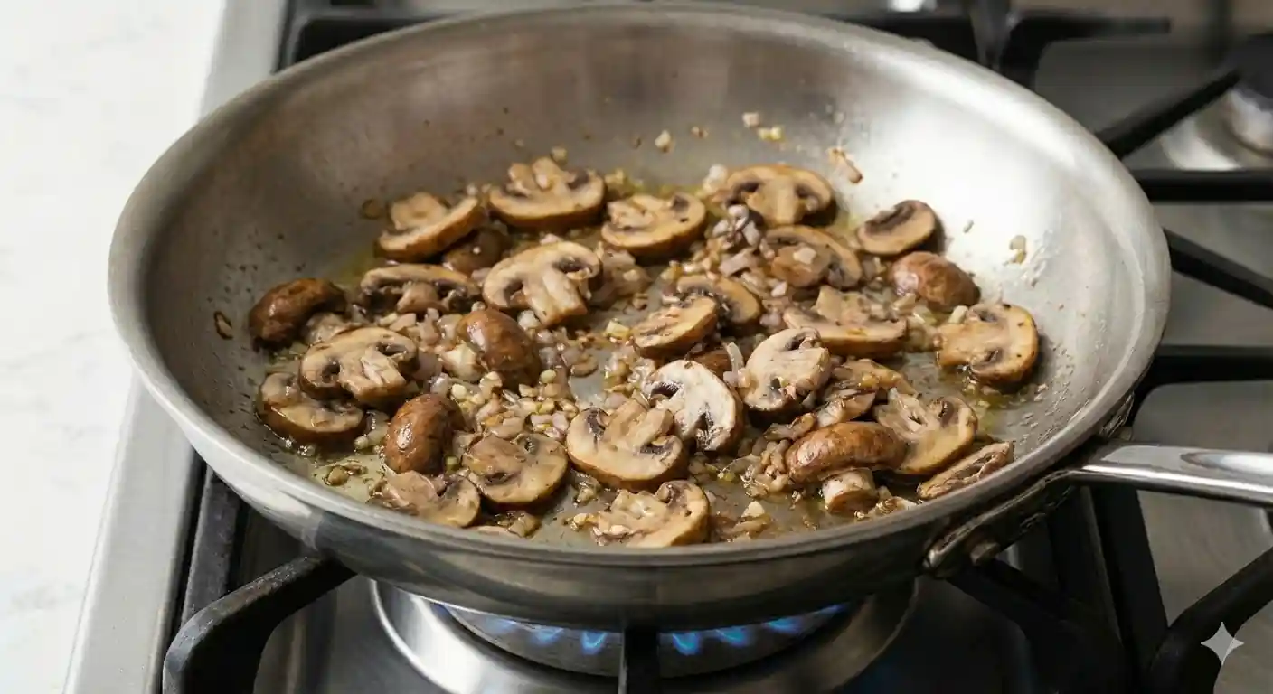 A stainless steel pan filled with sautéed sliced mushrooms, shallots, and garlic, all golden brown and cooked down.