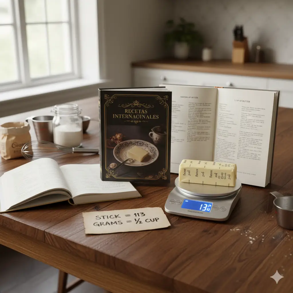 Digital kitchen scale showing 113 grams of butter with handwritten note equating to ½ cup, surrounded by baking ingredients and open cookbooks on a wooden countertop.