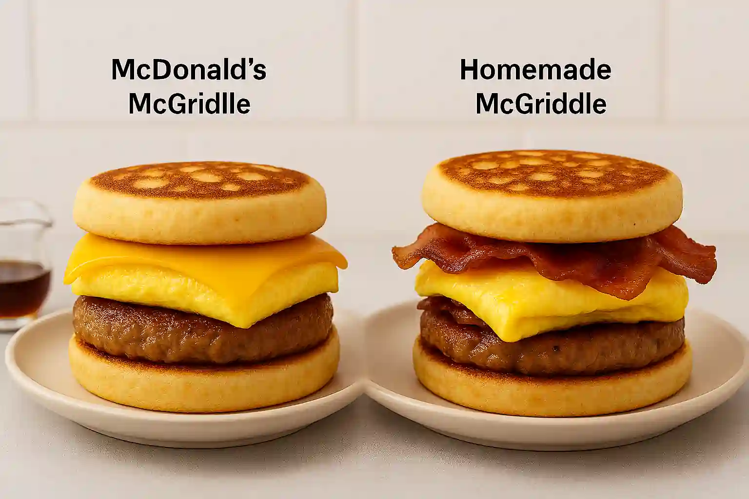 Side-by-side comparison of McDonald’s McGriddle and homemade McGriddle breakfast sandwiches with pancake buns, sausage, egg, and cheese