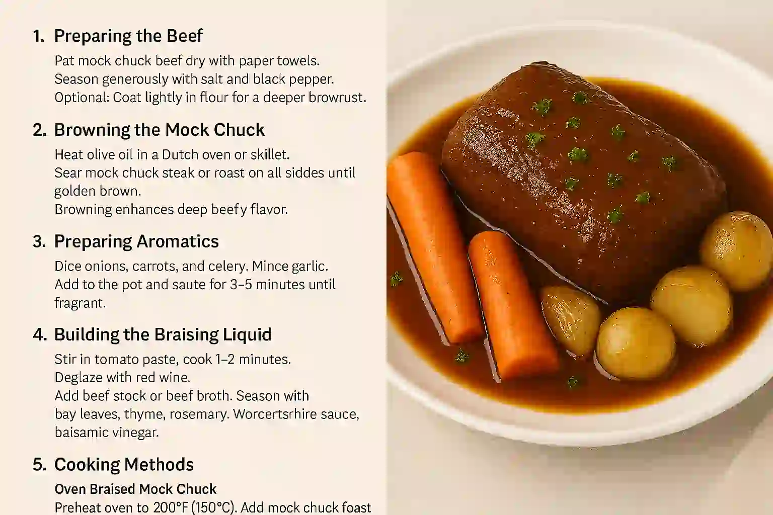 Braised mock chuck roast plated with carrots, potatoes, and onions in rich brown sauce with parsley garnish