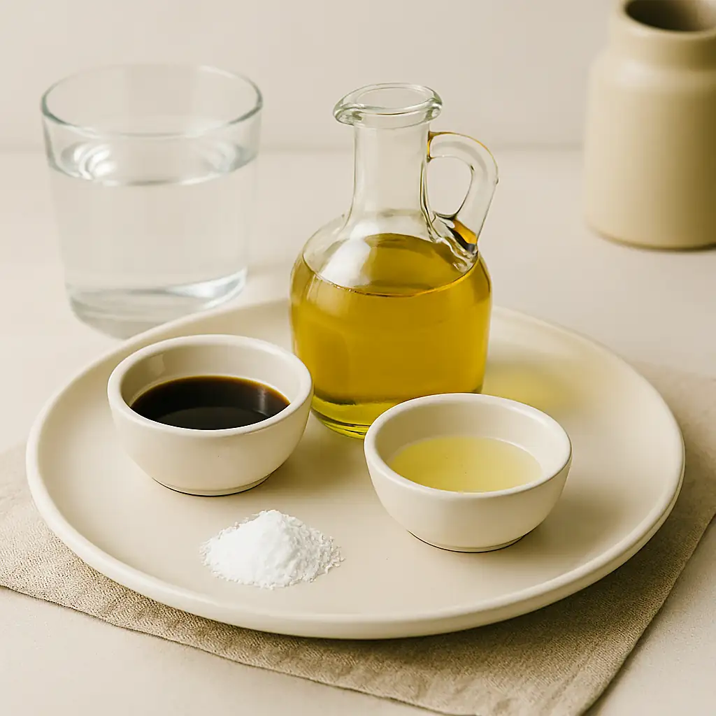 Core wet ingredients for dairy-free pancakes—water, oils, vanilla extract, lemon juice, and vinegar—arranged on a ceramic plate in bright natural kitchen lighting.