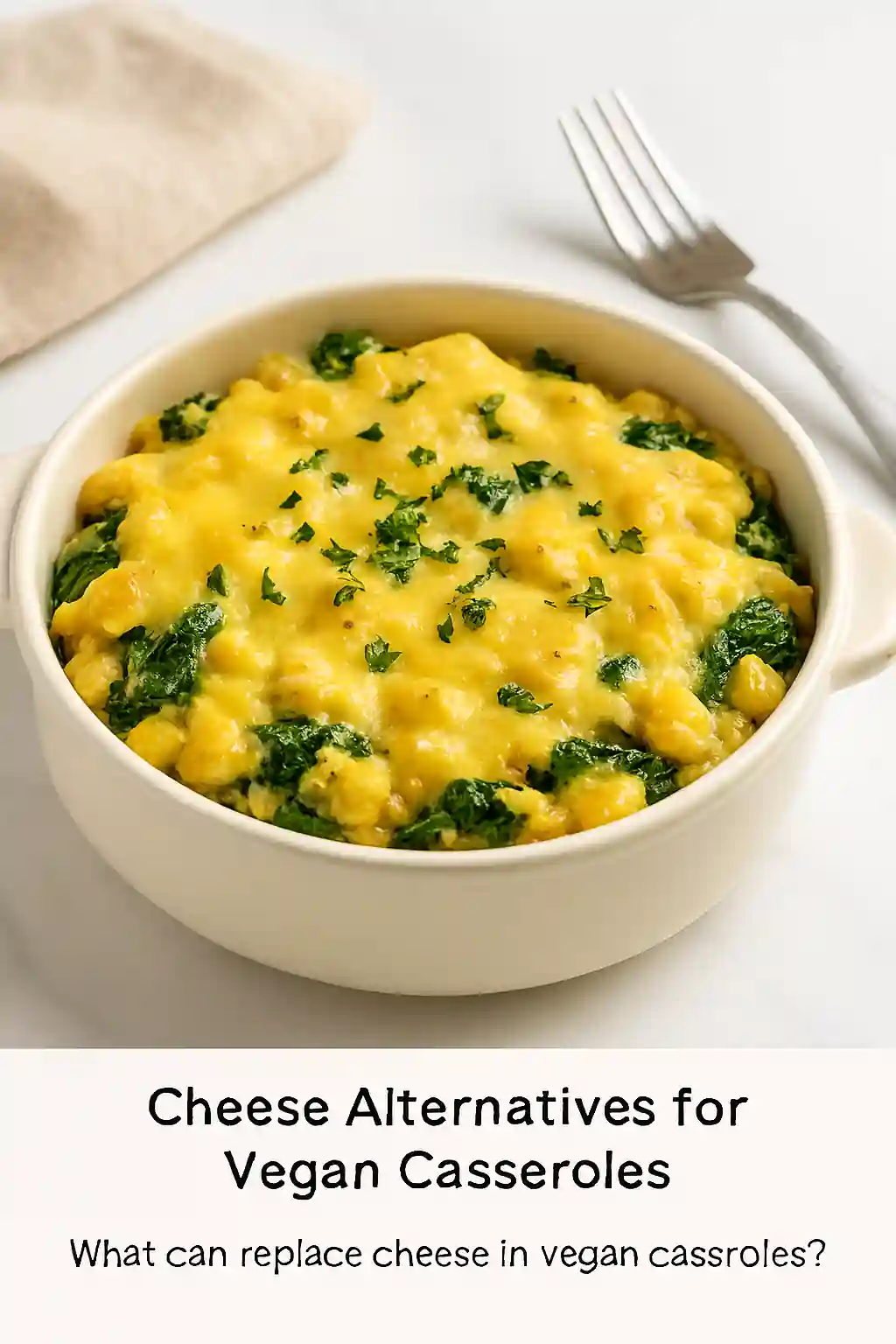 Vegan casserole with creamy cheese-like topping made from cashew cream, nutritional yeast, and plant-based milk, served in a ceramic dish under bright natural kitchen lighting.