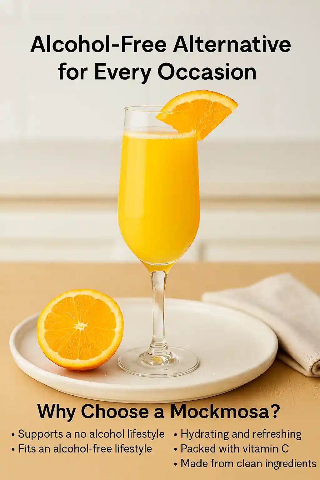 Sparkling mockmosa in a champagne flute with fresh orange garnish on a bright kitchen counter, perfect for alcohol-free celebrations