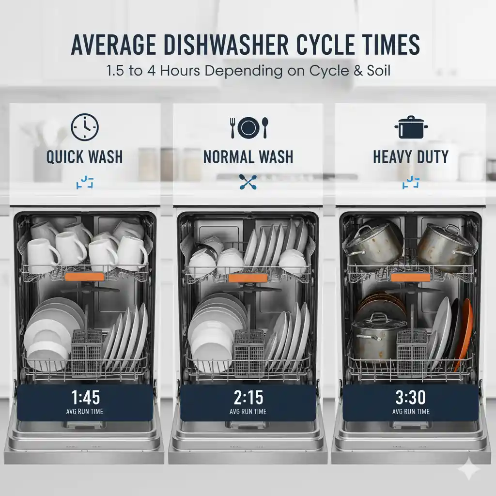 Three-panel infographic showing average dishwasher cycle times for Quick Wash (1:45), Normal Wash (2:15), and Heavy Duty (3:30) with corresponding dish loads.