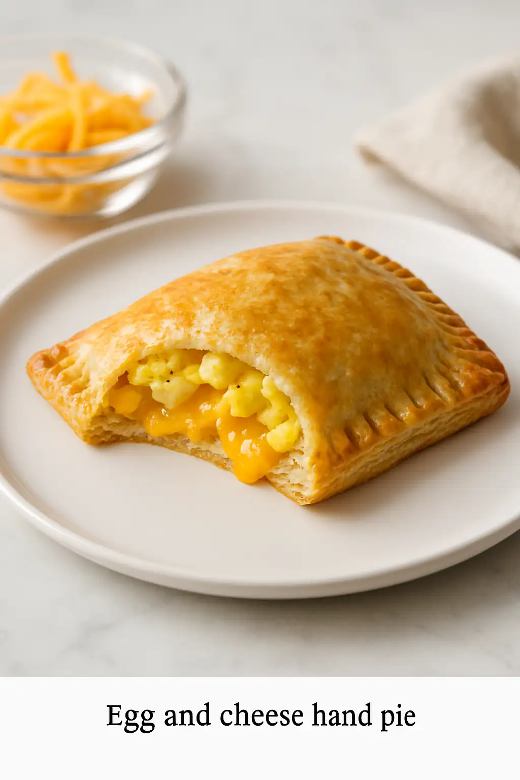 Golden flaky egg and cheese breakfast hand pie on a white ceramic plate, cut open to reveal gooey melted cheese and scrambled egg filling, styled in bright natural kitchen lighting.