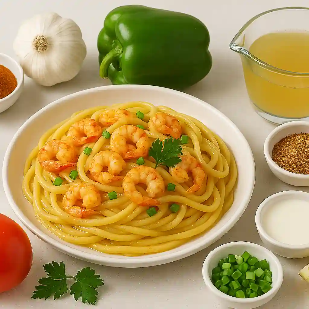 A beautifully plated crawfish dish in rich tomato-based sauce with visible onion, bell pepper, celery, garlic, and herbs, served over rice and styled with bright natural kitchen lighting and a minimal background.