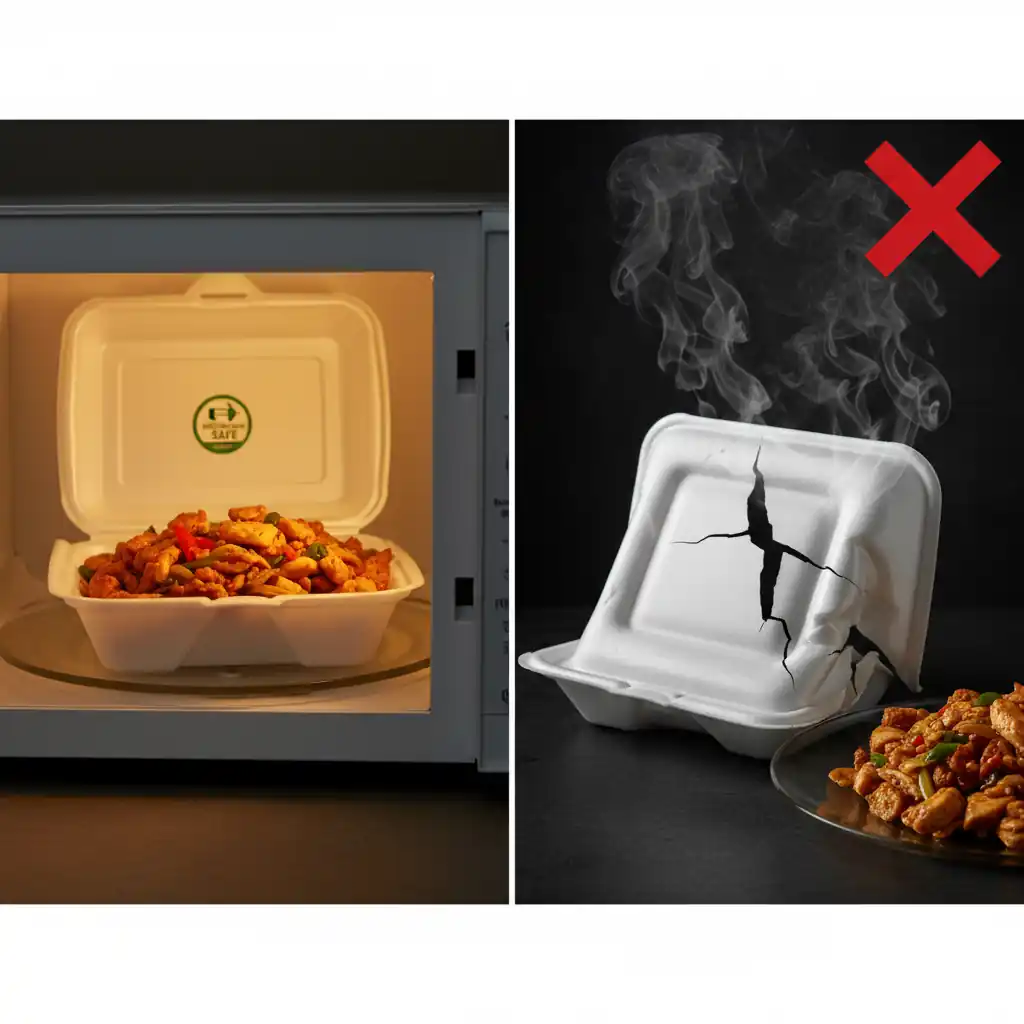 A split image showing a microwave-safe foam container in a microwave on one side, and a cracked, smoking, non-microwave-safe foam container with a red 'X' on the other.