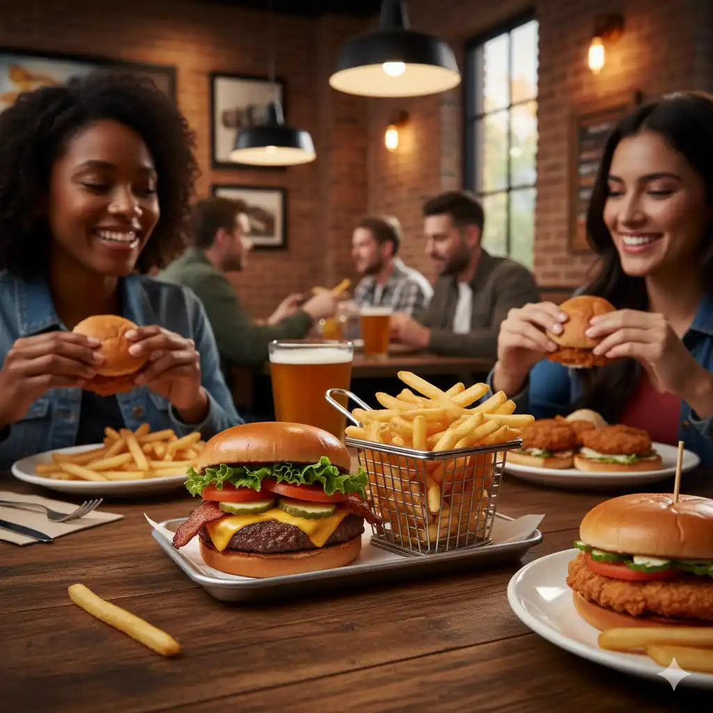 Happy diners enjoying various burgers, crispy chicken sandwiches, and golden fries at a casual Applebee's restaurant setting.