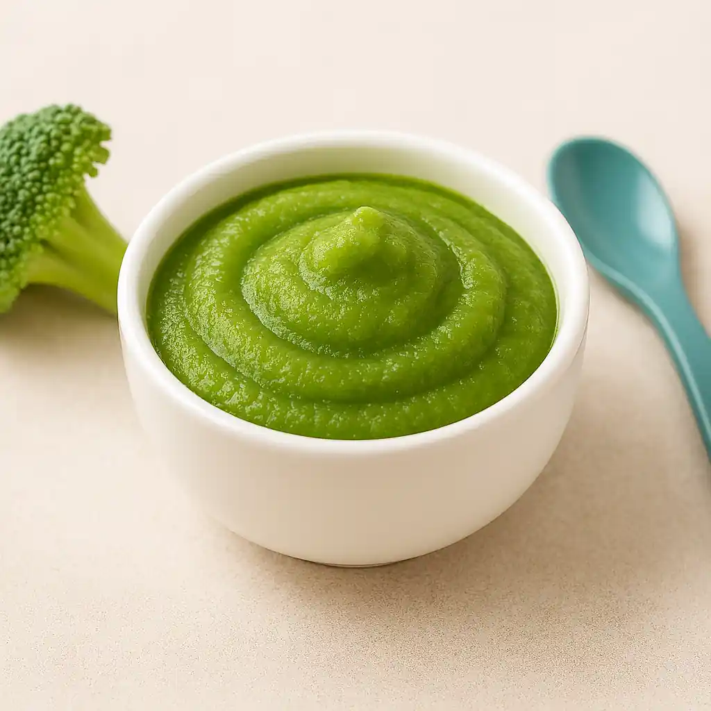 Smooth golden baby puree served in a white ceramic bowl with mint garnish and baby spoon