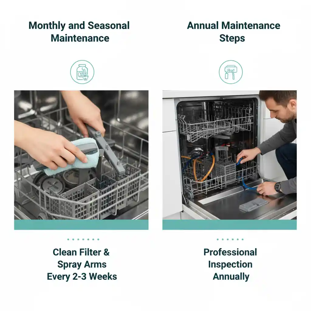 A two-panel image illustrating dishwasher maintenance. The left panel shows hands cleaning a dishwasher's spray arm, labeled "Clean Filter & Spray Arms Every 2-3 Weeks." The right panel shows a person performing an inspection inside a dishwasher, labeled "Professional Inspection Annually.