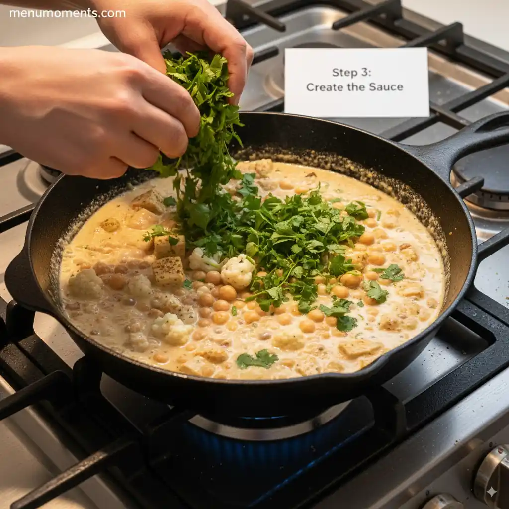 Hands adding fresh cilantro to a creamy coconut milk sauce simmering with chickpeas, cauliflower, and protein in a cast-iron skillet on a stove, featuring 'menumoments.com' branding, for the 'jalbiteworldfood' recipe.