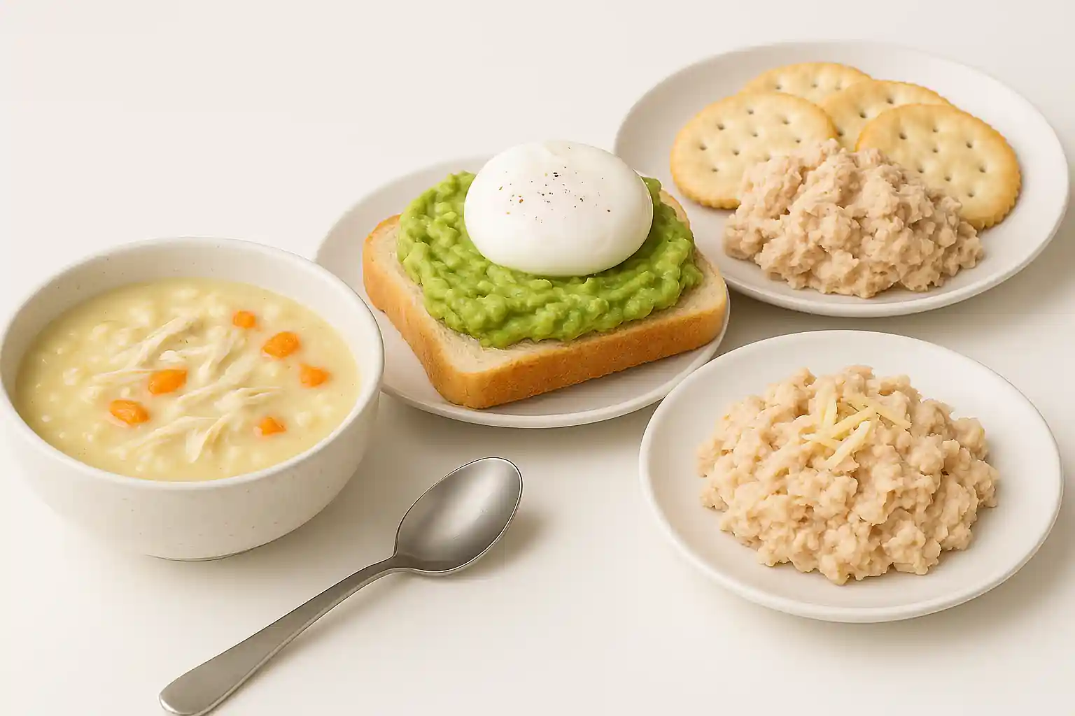 High-resolution image of three soft lunch options: creamy chicken soup with shredded chicken and mashed carrots, mashed avocado on crustless bread topped with a poached egg, and tuna salad served on soft crackers—all plated with fresh garnish against a clean, bright background.