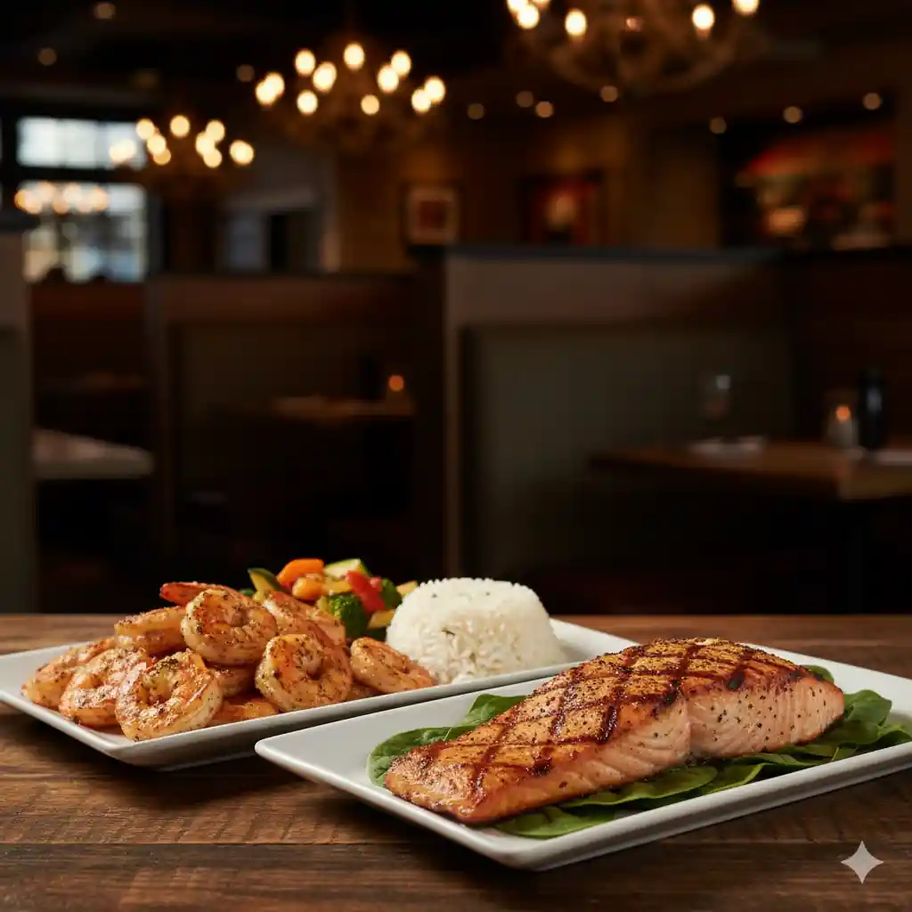 Two plates of Longhorn Steakhouse seafood: one with grilled Redrock Shrimp served with rice and vegetables, and another with a perfectly grilled Longhorn Salmon fillet on a bed of spinach.